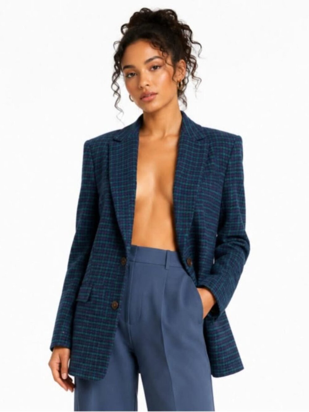 J. Crew Blue & Green Herringbone One Button Blazer